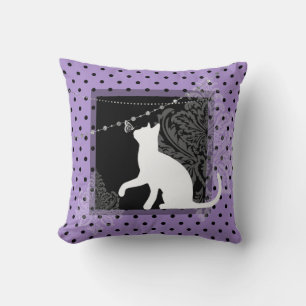 Purple black, white cat, and polka dots  cushion
