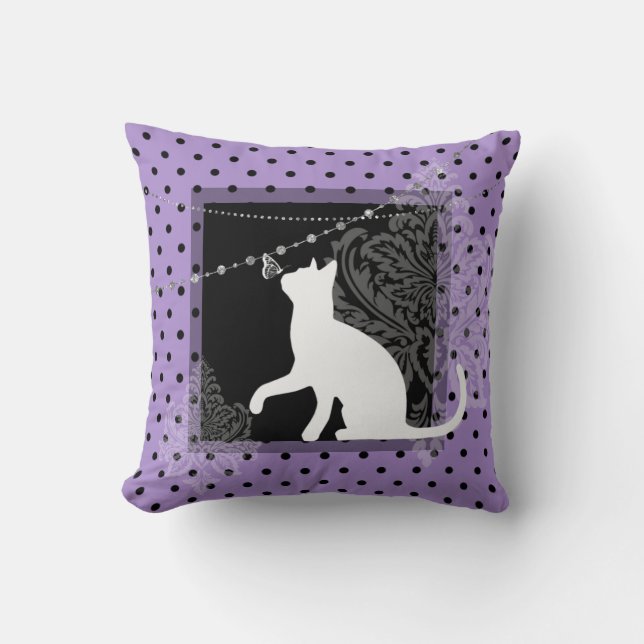 Purple black, white cat, and polka dots  cushion (Front)