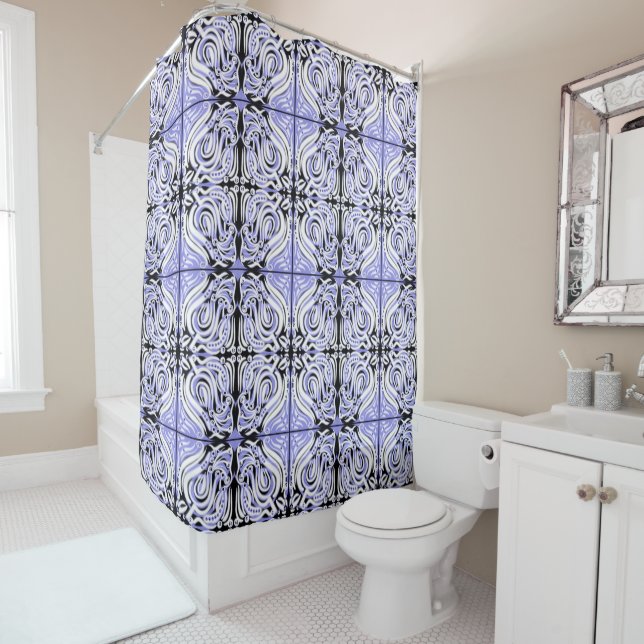 Purple Black White Curly Abstract Pattern  Shower Curtain (In Situ)