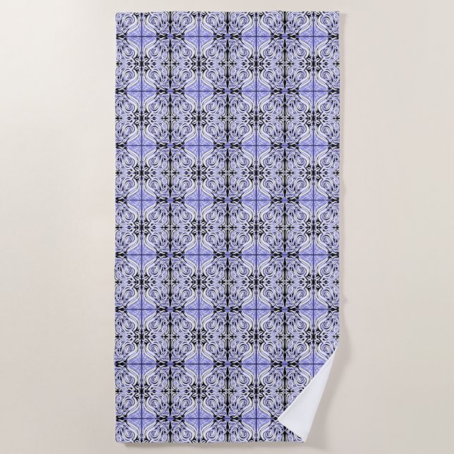 Purple Black White Curly Abstract Repeat Pattern  Beach Towel (Front)