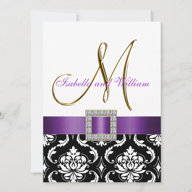 Purple Black White Damask Initial Wedding Invite (Front)
