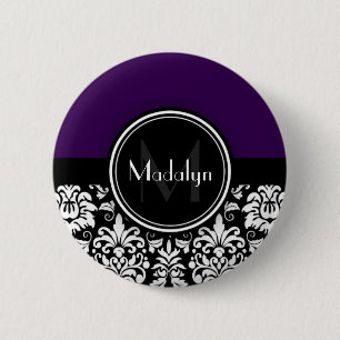Purple Black White Damask Monogram Letter 6 Cm Round Badge