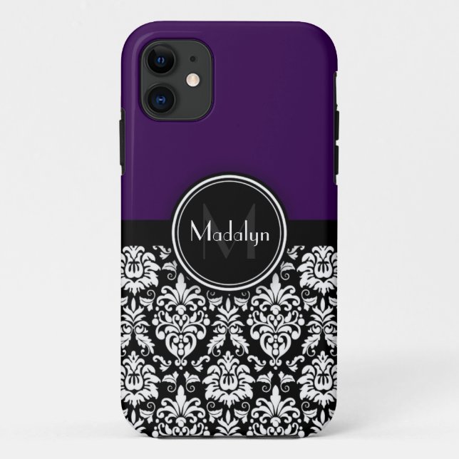 Purple Black White Damask Monogram Letter Case-Mate iPhone Case (Back)