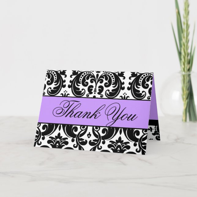 Purple Black White Damask Thank You Card (Front)