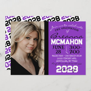 Purple, Black & White Graduation Photo Invitation