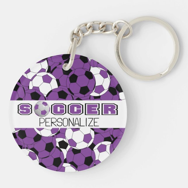 Purple, Black & White Personalise Soccer Ball   Key Ring (Back)