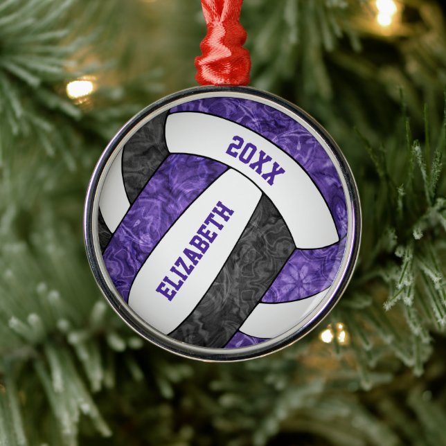 purple black white volleyball girly sporty metal ornament (Tree)