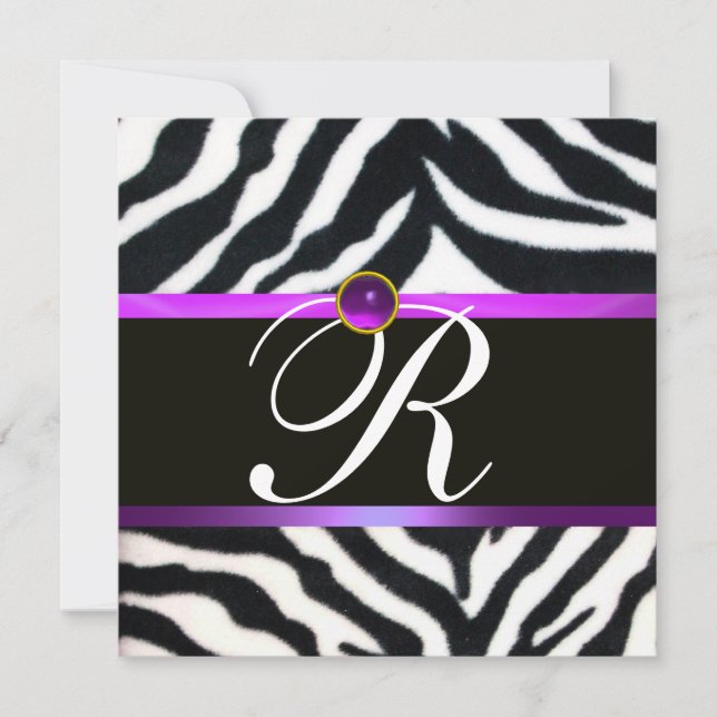 PURPLE BLACK WHITE ZEBRA FUR MONOGRAM ,amethyst Invitation (Front)