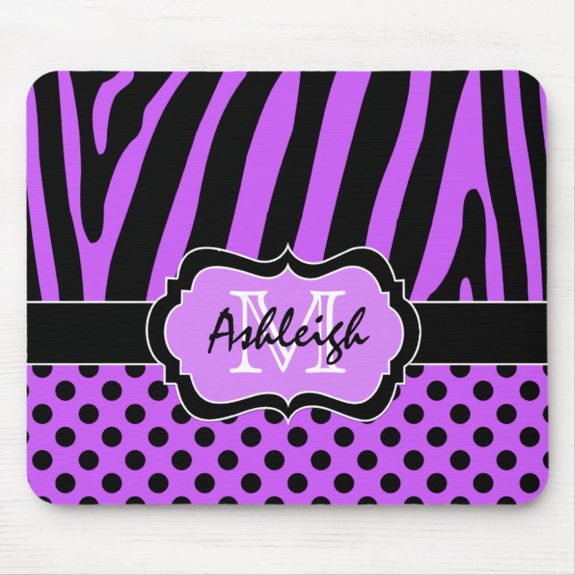 Purple, Black, White Zebra Stripe & Dots Mousepad (Front)