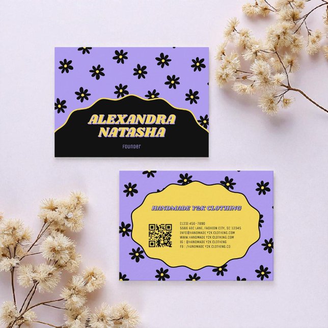 Purple Black Yellow Y2K Flower Handmade Clothing Business Card (Creator Uploaded)