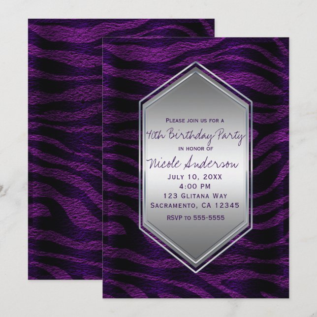 Purple Black Zebra Print Birthday Party Any Event Invitation (Front/Back)