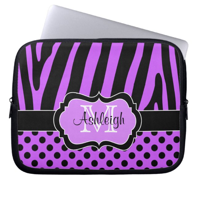 Purple Black  Zebra Stripes Polka Dots Laptop Case (Front)