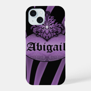 Purple Black Zebra Stripes with Flourish Nameplate iPhone 15 Case