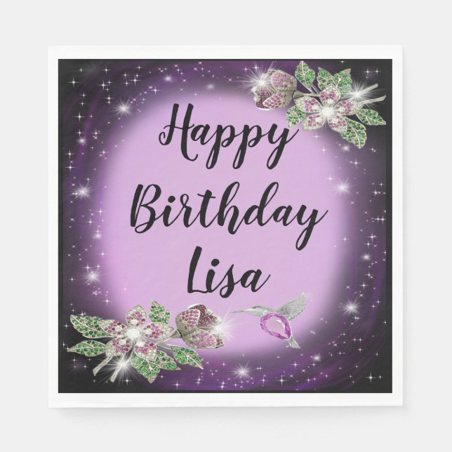 Purple Bling Floral Bird Birthday Napkin (Front)