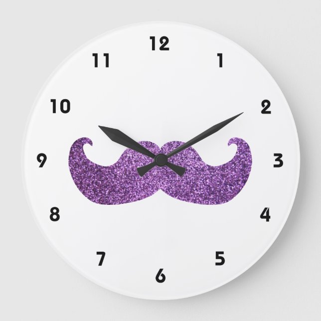 Purple Bling moustache (Faux Glitter Graphic) Large Clock (Front)