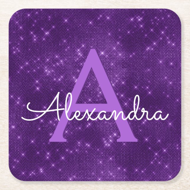 Purple Bling & Sparkle Monogram Birthday Square Paper Coaster (Front)