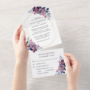 Purple Bloom Floral Geometric Wedding All In One Invitation