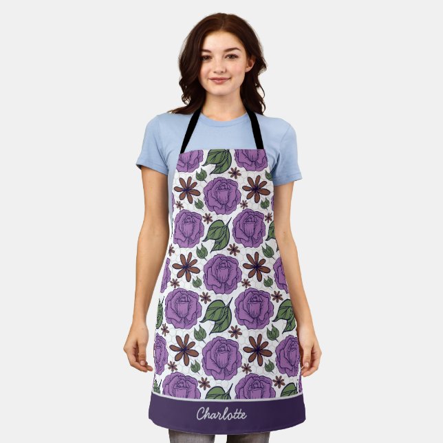 Purple bloom floral seamless pattern personalised  apron (Worn)