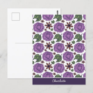 Purple bloom floral seamless pattern personalised postcard