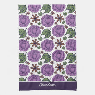 Purple bloom floral seamless pattern personalised  tea towel