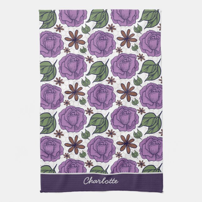 Purple bloom floral seamless pattern personalised  tea towel (Vertical)