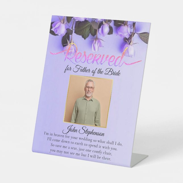 Purple Bloom Save A Seat Photo Wedding Memorial Pedestal Sign (Front)
