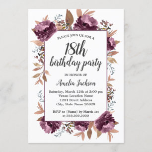 Purple Bloom Watercolor 18th Birthday Invitation