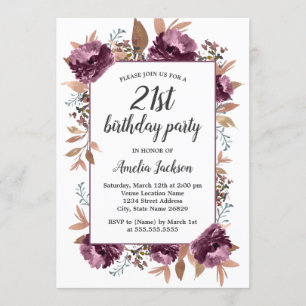 Purple Bloom Watercolor 21st Birthday Invitation