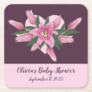 Purple Blooming Lily Baby Shower Square Paper Coaster
