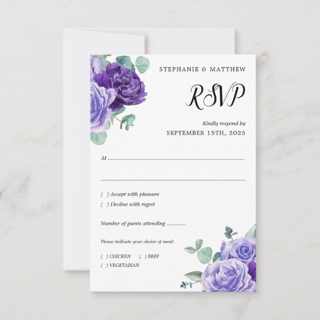 Purple Blooms Eucalyptus Botanical Wedding RSVP Card (Front)