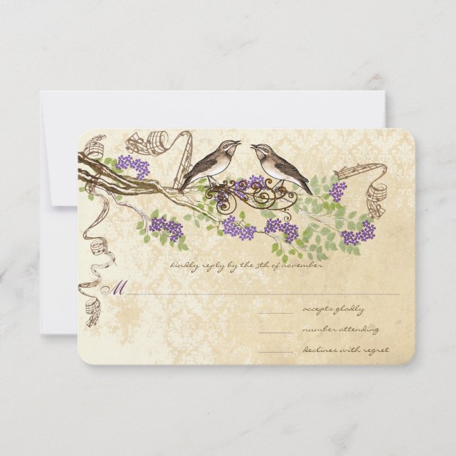 Purple Blooms Green Leaf Vintage Bird Wedding RSVP (Front)