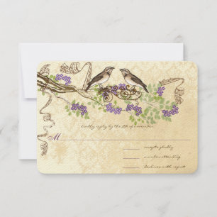Purple Blooms Green Leaf Vintage Bird Wedding RSVP Card