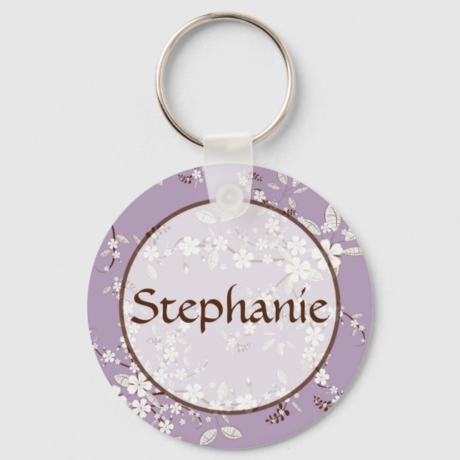 Purple Blossom Customisable Name Button Keychain (Front)