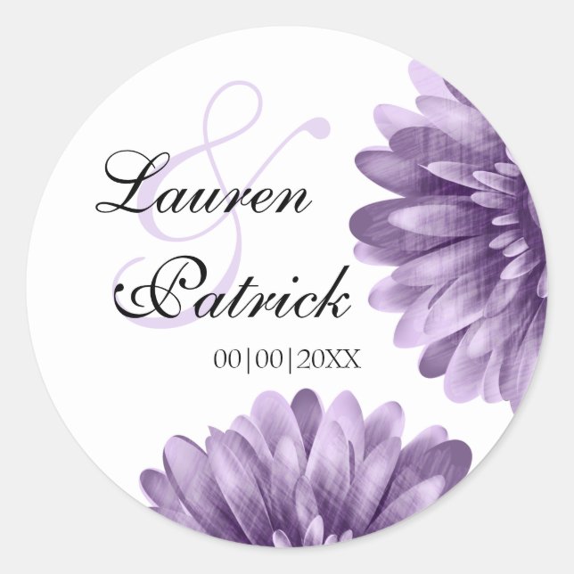Purple Blossom Daisy Save Date Wedding Classic Round Sticker (Front)
