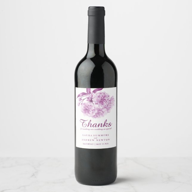 Purple blossom wedding custom wine labels (Front)