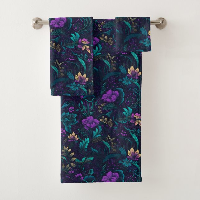 Purple Blossoms and Teal Leaves Bath Towel Set (Insitu)