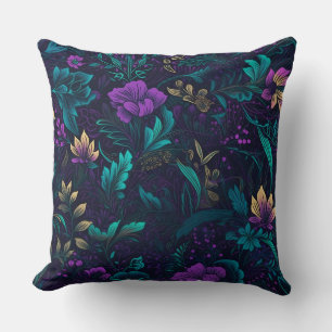 Purple Blossoms and Teal Leaves Cushion