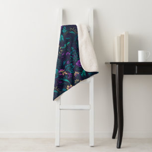 Purple Blossoms and Teal Leaves Sherpa Blanket