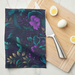 Purple Blossoms and Teal Leaves Tea Towel