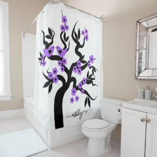 Purple blossoms Love birds sakura cherry tree Shower Curtain