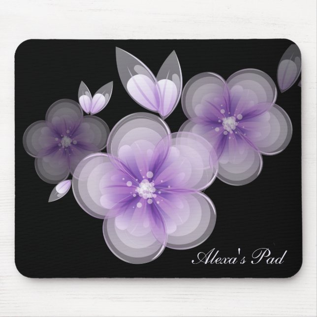 Purple Blossoms On Black Mouse Pad (Front)