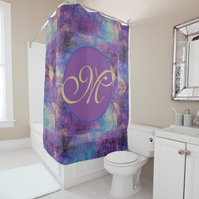 Purple Blue Abstract Monogram Shower Curtain (In Situ)