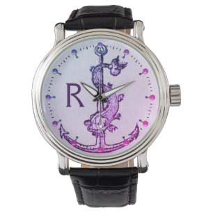 PURPLE BLUE ANCHOR WITH FISH NAUTICAL MONOGRAM WATCH
