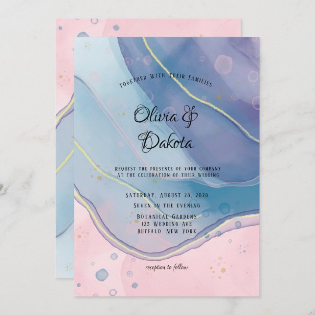 Purple Blue and Blush Pink Alcohol Ink Wedding Invitation (Front/Back)