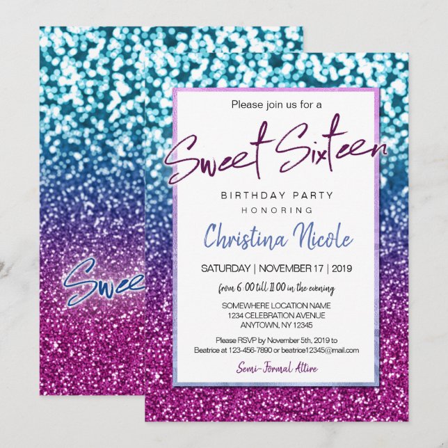 Purple Blue and Bokeh Lights Glam Sweet 16 Invitation (Front/Back)