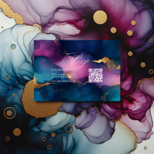 Purple, Blue, and Gold Alcohol Ink QR Code Wedding RSVP Card