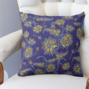 Purple Blue and Gold Floral Chintz Cushion