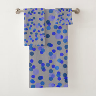 purple, blue and gray polka dot bath towel set