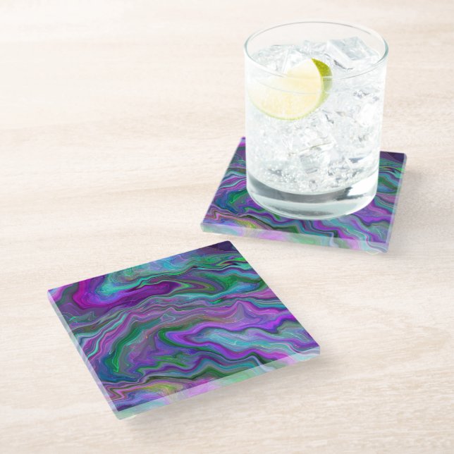 Purple, Blue and Green Fluid Art Glass Coaster (Angled)
