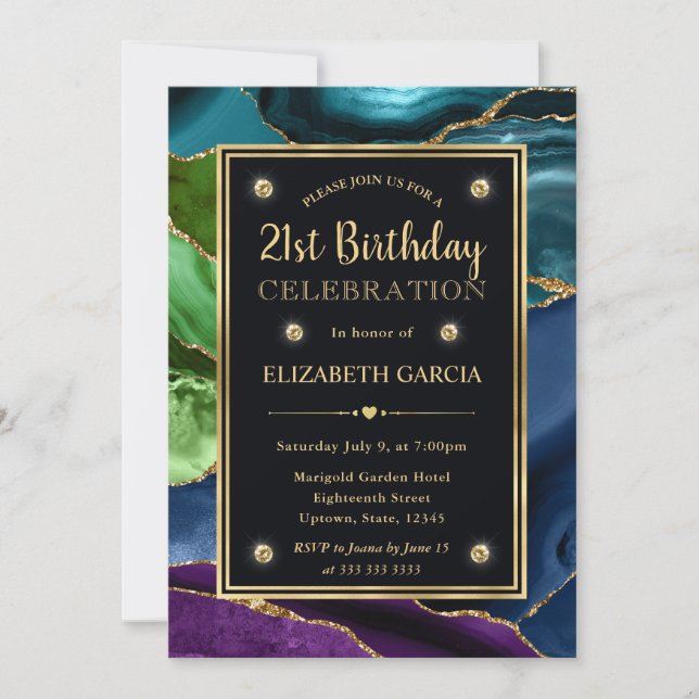 Purple, Blue and Green Glitter Agate Birthday Invitation (Front)
